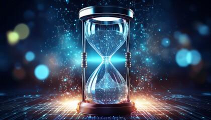 this mesmerizing hourglass features glowing particles and digital data visuals embodying a modern approach to the concept of time and technology