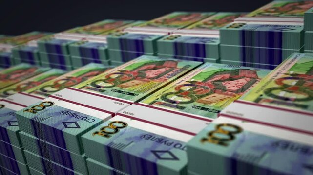 Belarus money Belarusian rubel banknote bundle growth up loop. 100 BYN stacks. Concept of cash pack, banking, travel, business, economy and finance 3d loopable seamless.