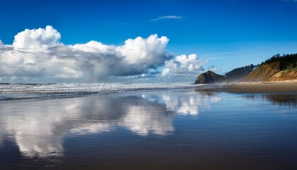 Fototapeta premium scenic oregon coast reflecting blue sky and fluffy white clouds on wet sand
