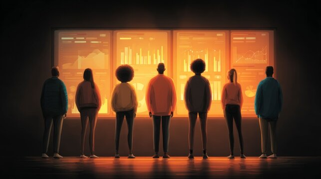 Group of individuals analyzing data on a large screen in a dimly lit room perfect for business