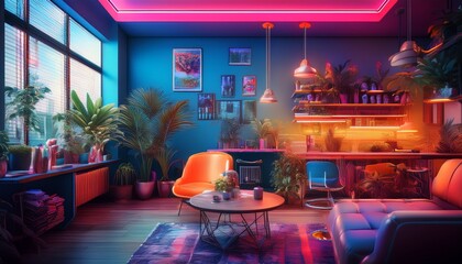 modern neon decor urban studio interior design bright colors creative space contemporary vibe