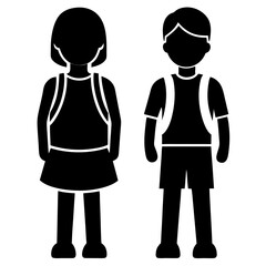schoolboy icon, kid symbol isolated, boy and girl with backpack, human silhouette, child symbol.