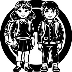 schoolboy icon, kid symbol isolated, boy and girl with backpack, human silhouette, child symbol.