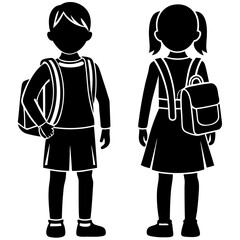 schoolboy icon, kid symbol isolated, boy and girl with backpack, human silhouette, child symbol.
