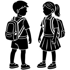 schoolboy icon, kid symbol isolated, boy and girl with backpack, human silhouette, child symbol.