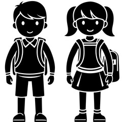 schoolboy icon, kid symbol isolated, boy and girl with backpack, human silhouette, child symbol.