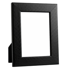 Black leather picture frame with a white center, standing on a flat black surface