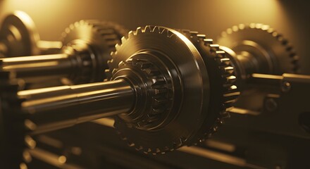 A close-up of interlocking gears bathed in warm, golden light, showcasing intricate mechanical engineering and motion, power, and precision.