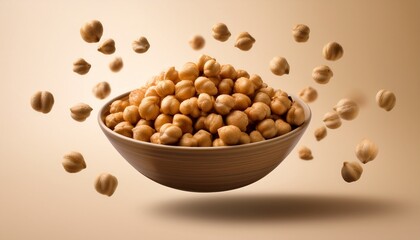 floating roasted chickpeas in a bowl on a soft cream background