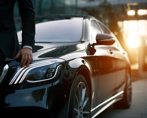 Fototapeta premium Man and Black Luxury Sedan at Sunset