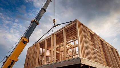 wooden modular building section being lifted by a crane against a backdrop of a cloudy sky showcasing modern construction techniques