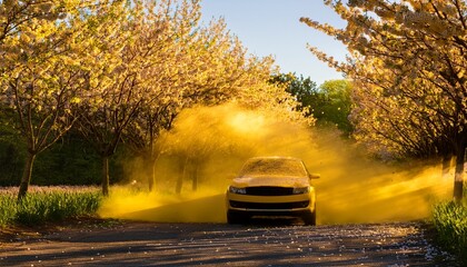 Obraz premium car blanketed in golden pollen glistens under the sun surrounded by vibrant blooming trees with pollen gently drifting through the warm air on a spring morning
