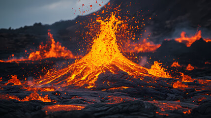 A volcano erupting with lava flow, dramatic and aweinspiring tone. [Subterranean Echo] | Core Whisper | magma tone. Illustration