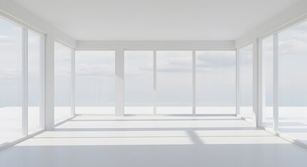 Bright minimalist room with large windows, showcasing expansive sky views. Ideal for showcasing simple, modern architectural designs.