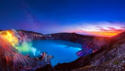 Naklejka premium volcanic crater lake at night vibrant colors