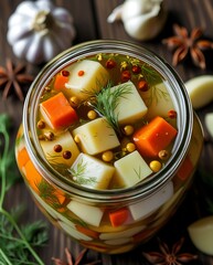 Top view of colorful pickled vegetables in a glass jar with herbs and spices, including garlic, dill, and star anise, showcasing a vibrant homemade fermentation process

