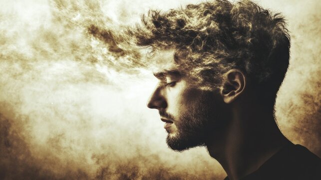Man, cluttered mind, overthinking, man's mind with a tornado, generative ai