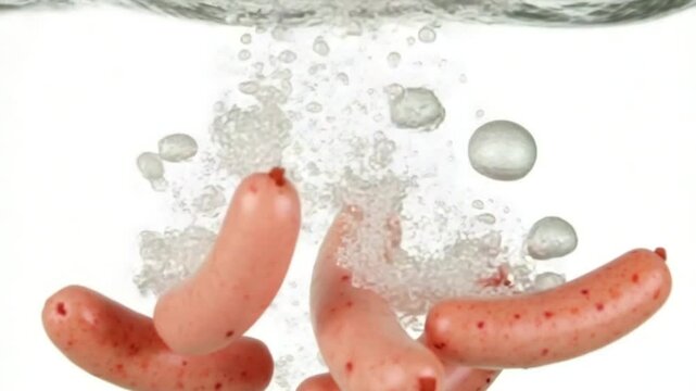 Sausages fall under the water with air bubbles. On a white background.Filmed on a high-speed camera at 1000 fps. High quality FullHD footage