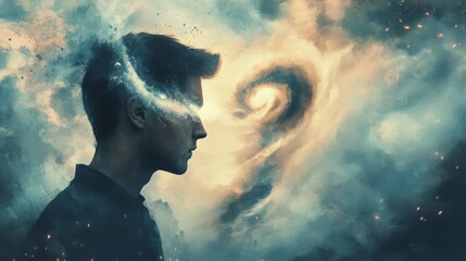 Man facing left, with thoughts visualized as a tornado coming out of his head, flat artistic background generative ai