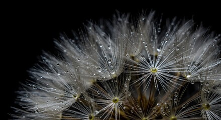 Naklejka premium Close-up of a delicate dandelion seed head with water droplets, set against a striking black background, showcasing nature's intricate beauty.