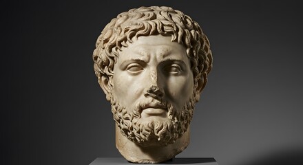 Obraz premium Ancient marble head sculpture depicting a man with detailed curly hair and beard, showcasing classical artistic style on a gray background.