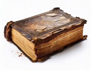 an ancient weathered torn old vintage burn book with yellowed pages and a worn cover symbolizing timeless knowledge and history isolated on white background