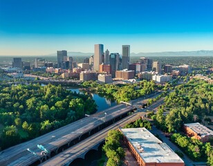 Naklejka premium aerial view of downtown denver mid morning ambiance hazy blue sky visible river and bridge lush green trees framing the urban landscape vibrant city life below