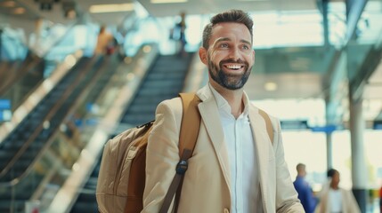 Obraz premium Front view portrait of young male traveler holding a suitcase in the airport. Male businessman traveling by plane