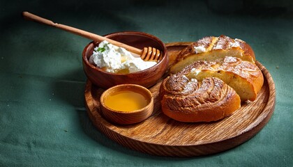 famous food of mongolian concept rustic bread with honey and cream cheese on a wooden platter