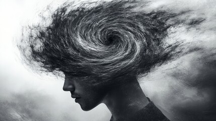 Mental chaos, male head with internal tornado, metaphor for disordered thoughts generative ai