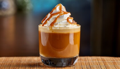 close up of a creamy caramel coffee beverage with whipped cream and drizzle on top
