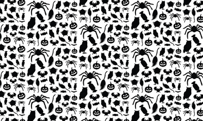 Halloween Pattern Design, Vector Silhouette Pattern Design With Various Elements For Halloween Decoration, White Background Halloween Element Pattern Vector Design, 