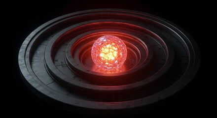 A luminous orb sits at the center of concentric metal rings, radiating a warm, red light against a stark black background.