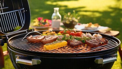 grilling food on a gas grill in the backyard