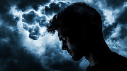 overthinking, male silhouette with a chaotic storm in his brain generative ai