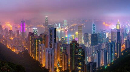 Obraz premium Elevated panoramic view of illuminated Hong Kong cityscape.