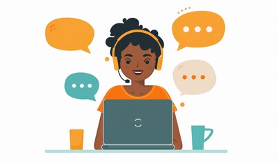 cartoon illustration person working operator in front monitor screen plain background Generate AI
