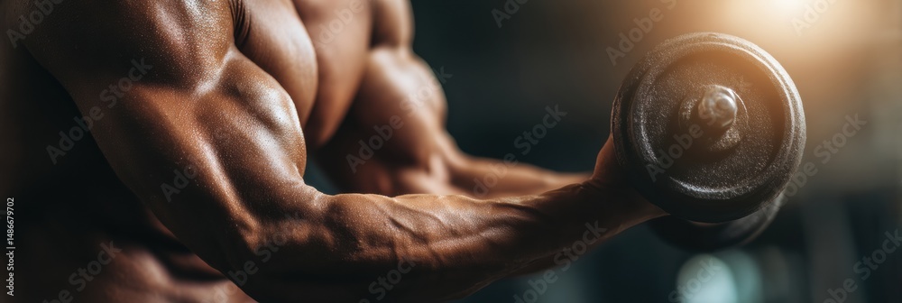 Poster close-up view of muscular biceps during workout in gym with focused lighting highlighting strength a