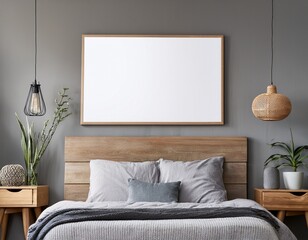 horizontal wide light wood framed wall art mockup on a gray loft bedroom wall gray wall space
