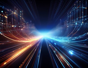 abstract illustration of network connectivity and data speed glowing digital lines and nodes symbolizing fast data transfer and the efficiency of communication in the digital age