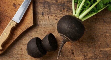 Studio shot of a black radish, sliced, with a knife on a rustic wooden surface