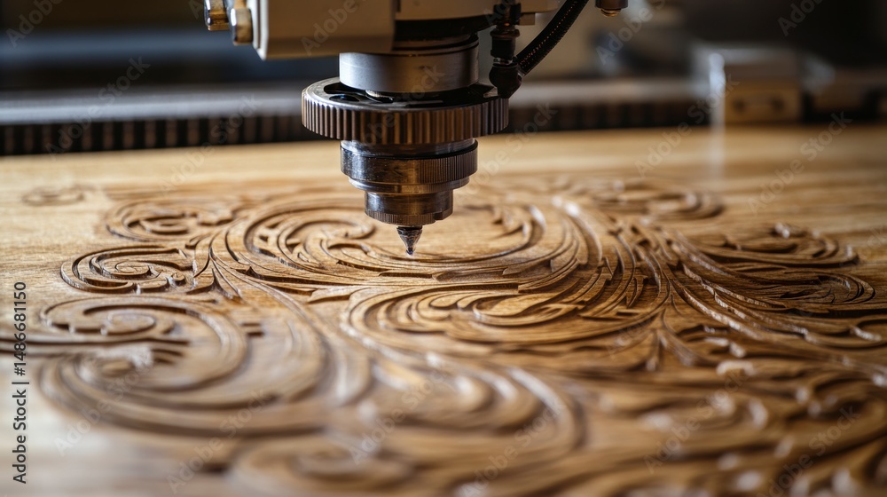Aufkleber close-up of cnc machine carving intricate design into wood.