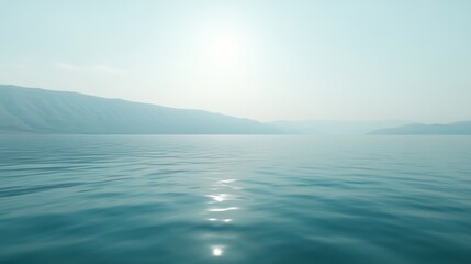 Obraz premium Serene, tranquil lake scene under a hazy sky.