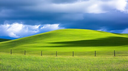 Serene Green Hill Landscape with Wooden Fence under Dramatic Sky