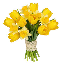 Bright bouquet of yellow tulips and daffodils tied with decorative lace on a dark background