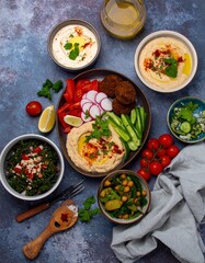 Falafel, crudites and side dishes as part of Mediterranean mezze 