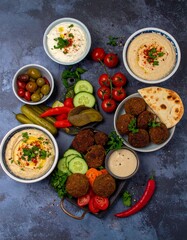 Falafel, crudites and side dishes as part of Mediterranean mezze 