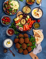 Falafel, crudites and side dishes as part of Mediterranean mezze 