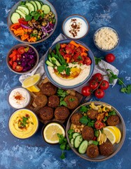 Falafel, crudites and side dishes as part of Mediterranean mezze 