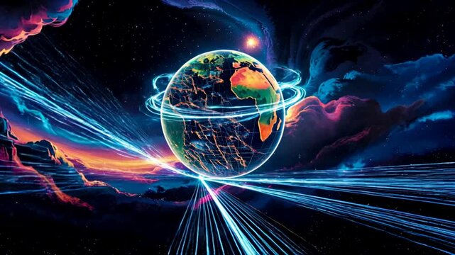 A rotating Earth surrounded by glowing fibre wires, transmitting signals throughout the fabric of space.